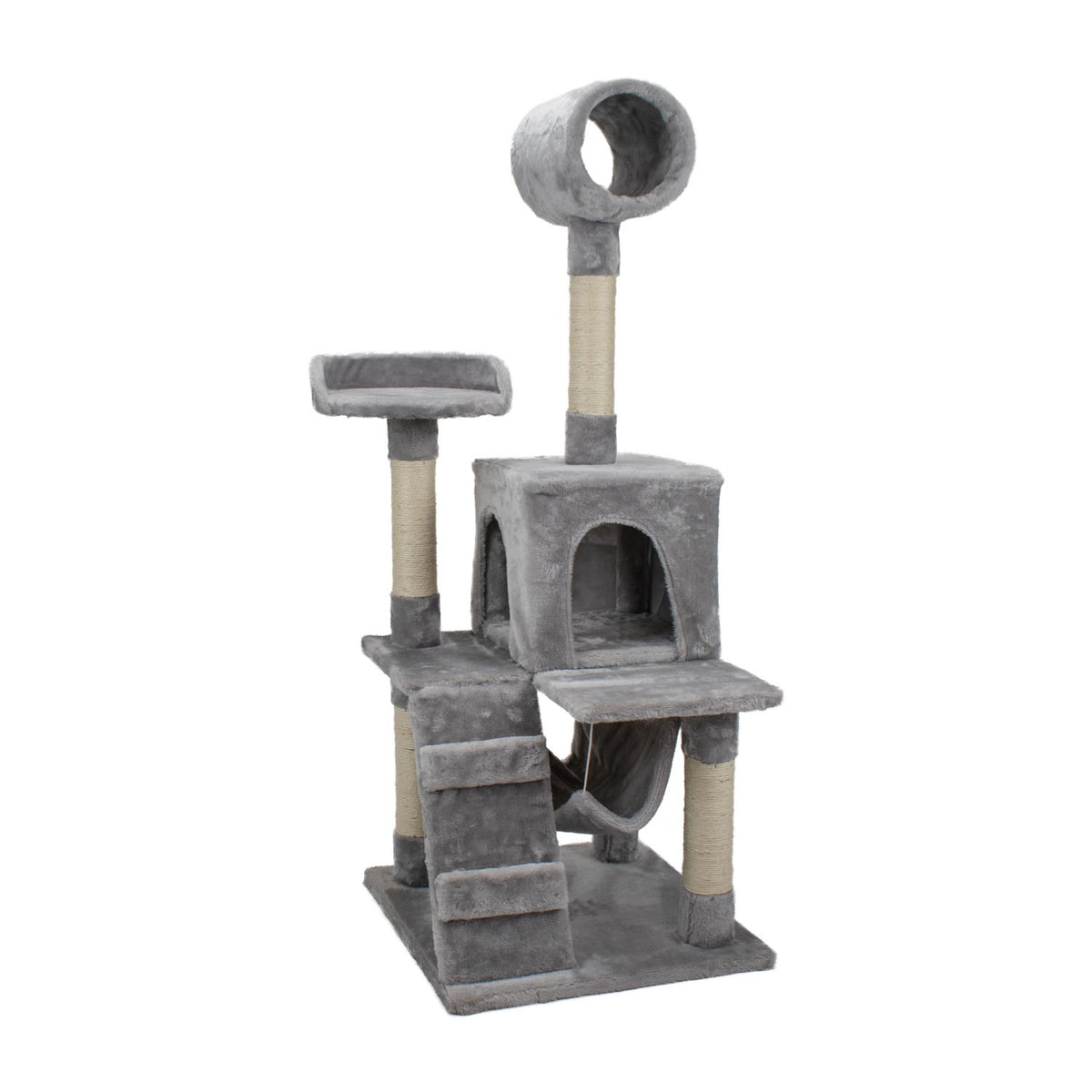 AQPET FRIENDS Rascador para gatos Berlin de 135 cm con caseta, árbol, parque de juegos y juguete, color gris
