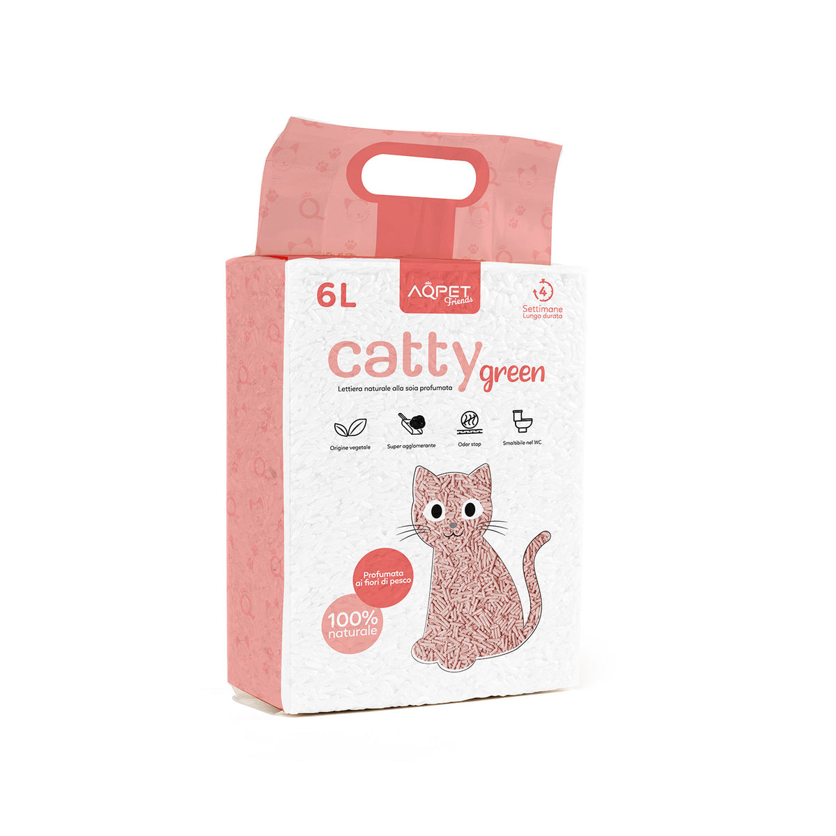 AQPET FRIENDS Catty Green arena para gatos de soja con aroma a flores de melocotón 6LT, superabsorbente, antiolores, higiene para gatos