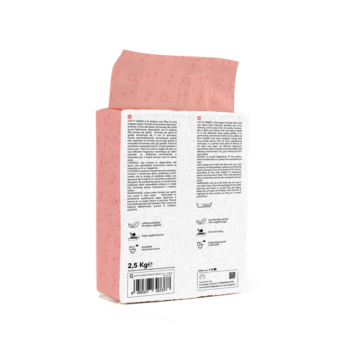AQPET FRIENDS Catty Green arena para gatos de soja con aroma a flores de melocotón 6LT, superabsorbente, antiolores, higiene para gatos