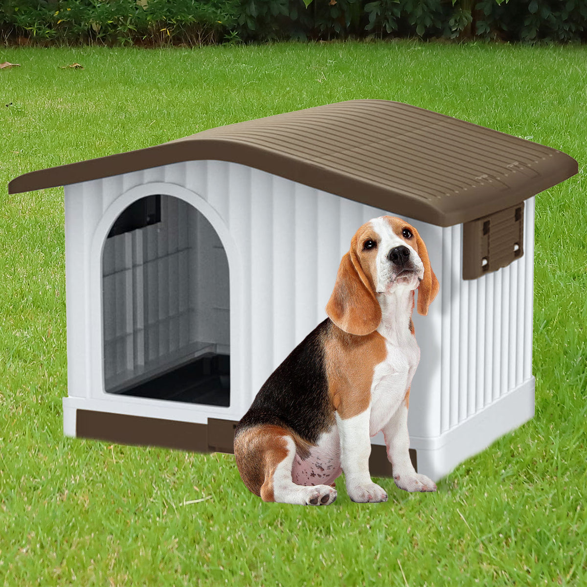 AQPET FRIENDS Villa Caseta de plástico - 87 X 74 X 61 H, color marrón, para perros y gatos, comodidad y descanso
