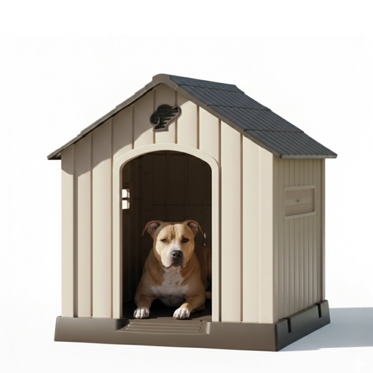 AQPET FRIENDS Caseta de plástico impermeable para perros, para exteriores e interiores – Casita con suelo elevado y sistema de ventilación – Refugio resistente