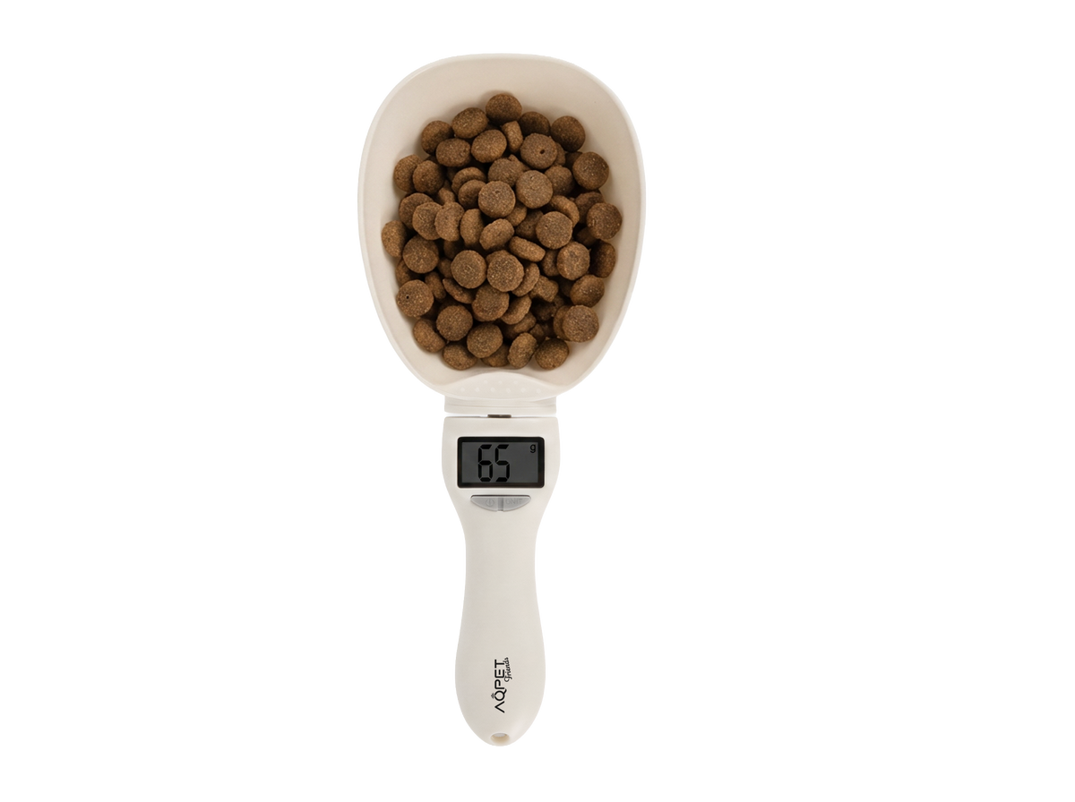 AQPET FRIENDS Báscula digital para comida de perros con pantalla LCD de fácil lectura, cuchara medidora de precisión para alimentos y croquetas, peso de hasta 800gr.