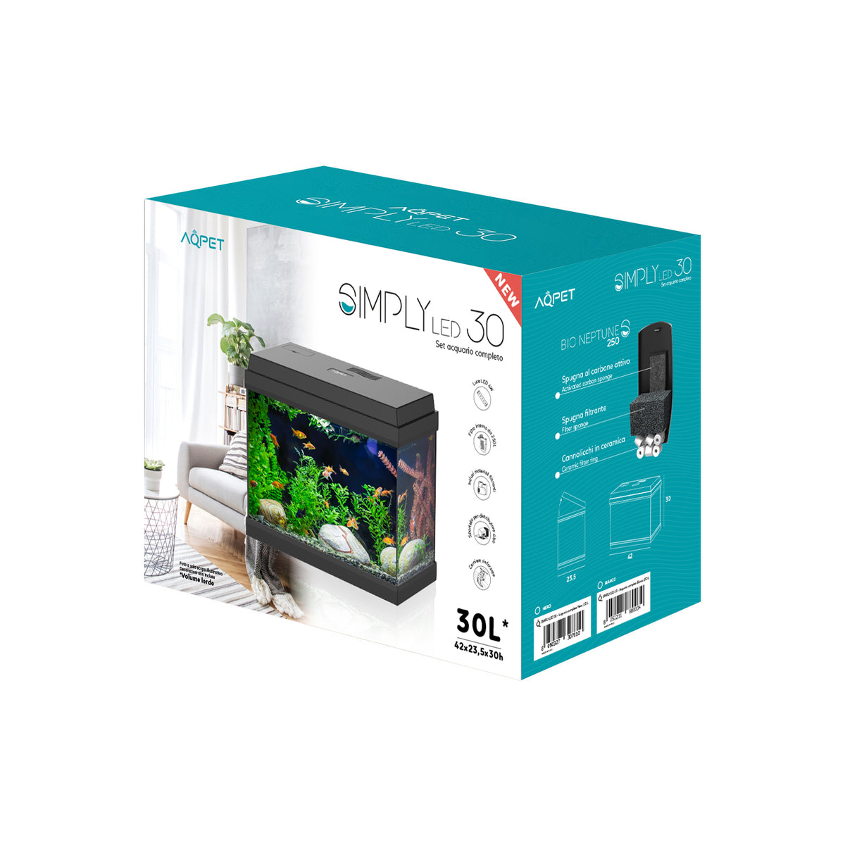AQPET ACUARIO SIMPLY LED 30 NEGRO, COMPLETO CON LUZ Y FILTRO - 39X22X30 H CM