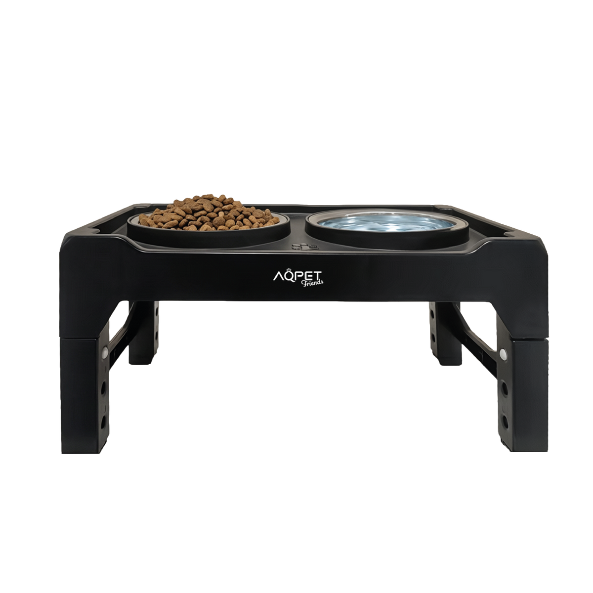 AQPET FRIENDS Soporte elevado para comederos de perros con 3 niveles regulables – Soporte antideslizante de 40x22x8-26h cm con 2 cuencos de acero inoxidable de Ø14 cm – Mejora la postura durante la comida