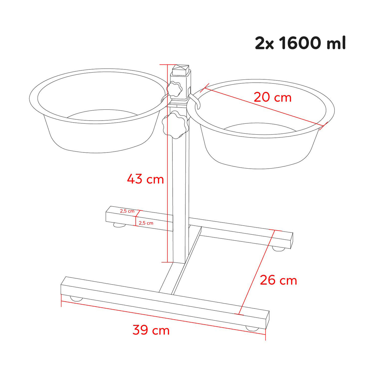 AQPET FRIENDS Gnammy Soporte H con 2 cuencos elevados de acero inoxidable, altura regulable, para perros, gatos y animales pequeños