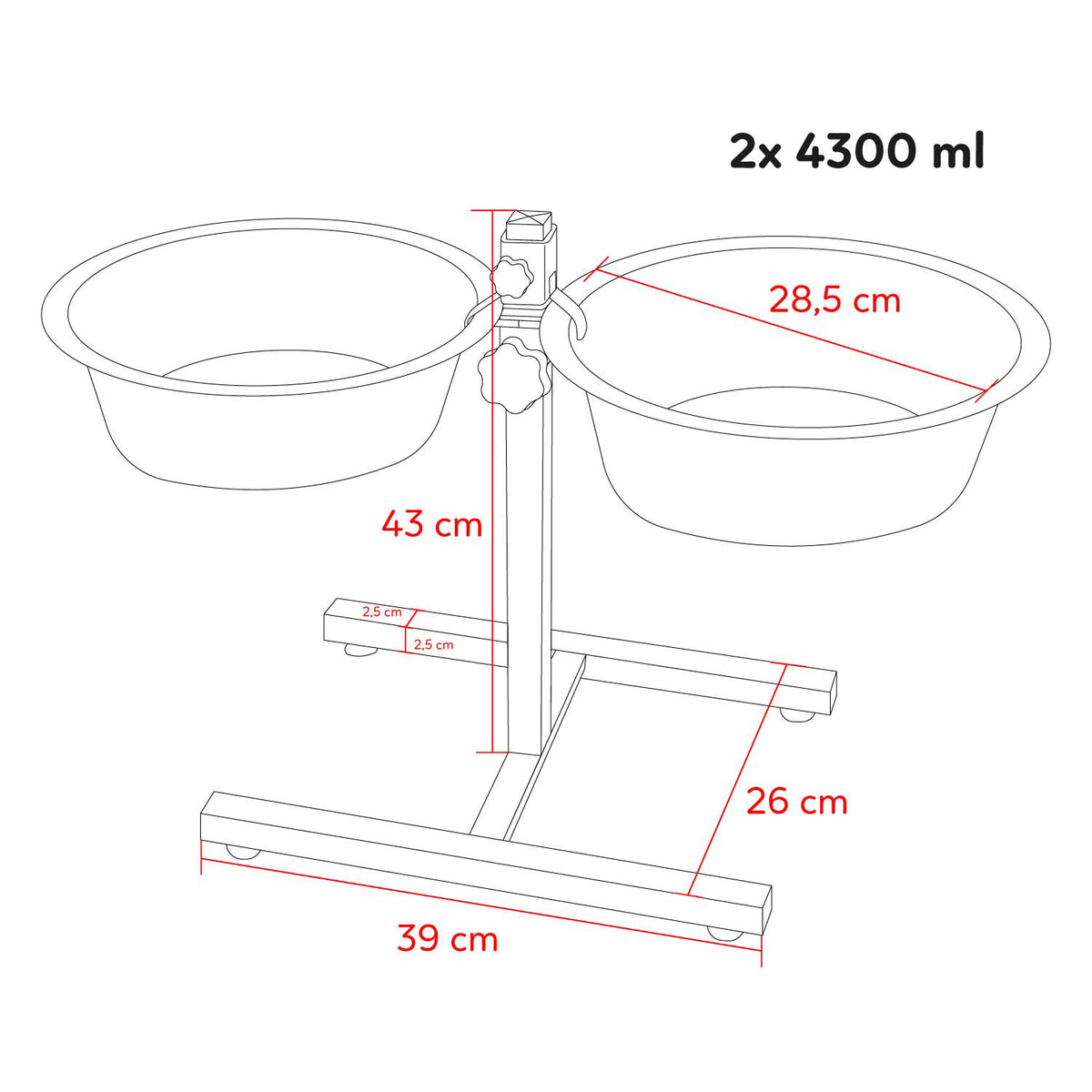 AQPET FRIENDS Gnammy Soporte H con 2 cuencos elevados de acero inoxidable, altura regulable, para perros, gatos y animales pequeños