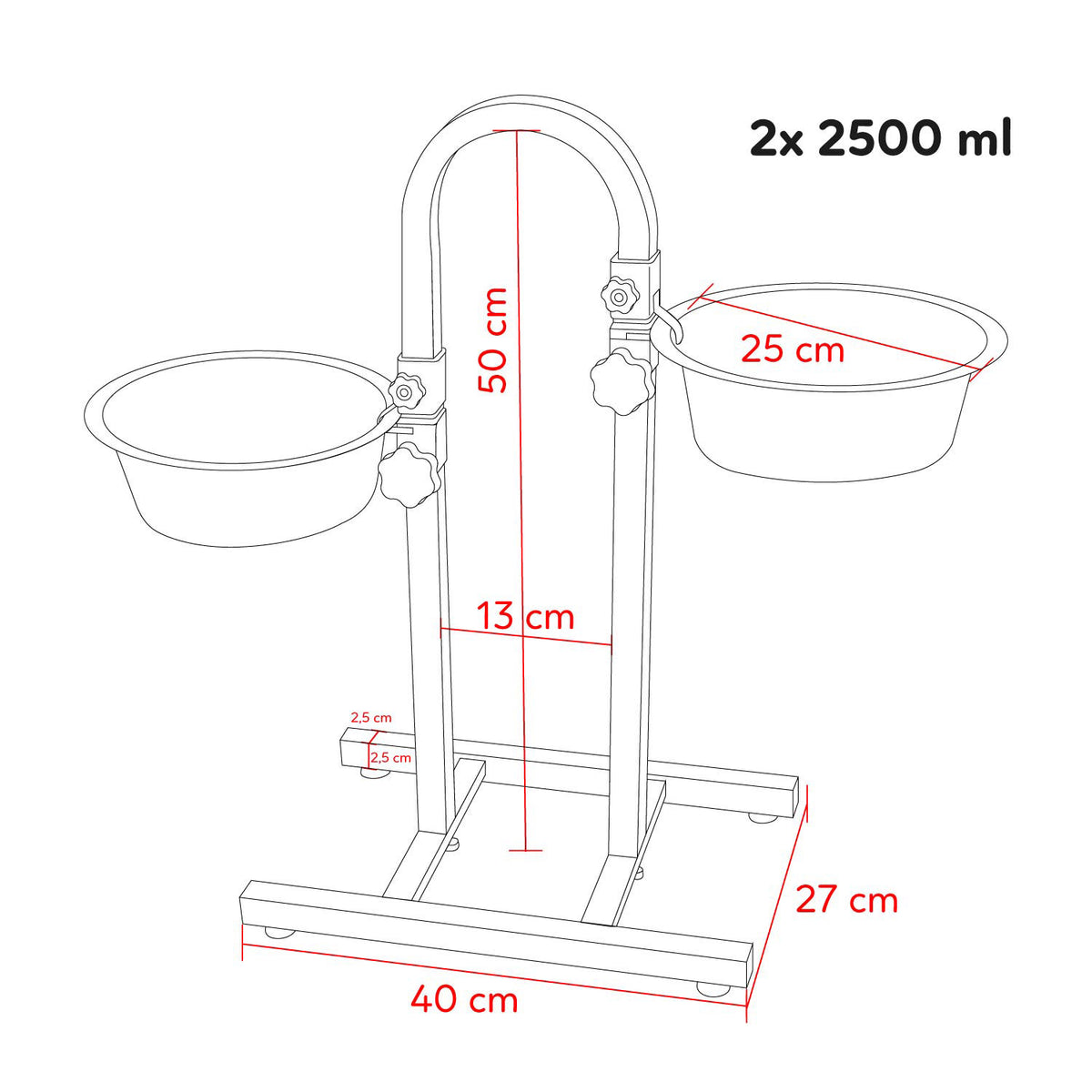 AQPET FRIENDS Gnammy Soporte U con 2 cuencos elevados de acero inoxidable, altura regulable, para perros, gatos y animales pequeños, 2x2500 ml, 25 cm