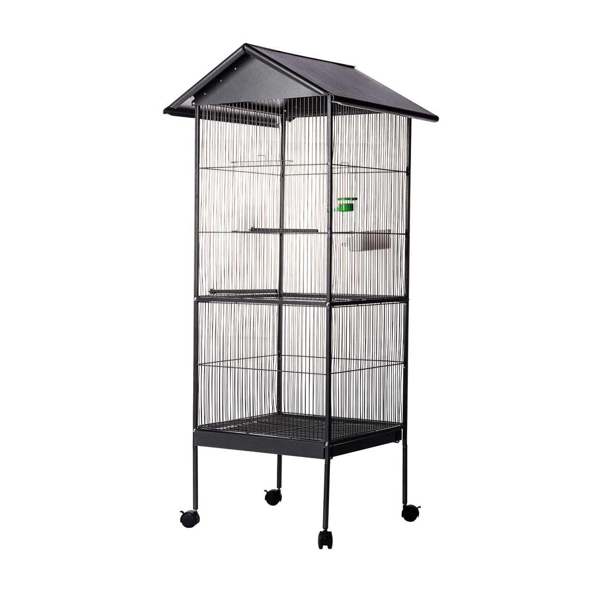 AQPET FRIENDS Pajarera con techo para aves grandes y canarios, jaula metálica con pedestal y ruedas, apta para interior y exterior, dimensiones 157x52x52 cm, negra