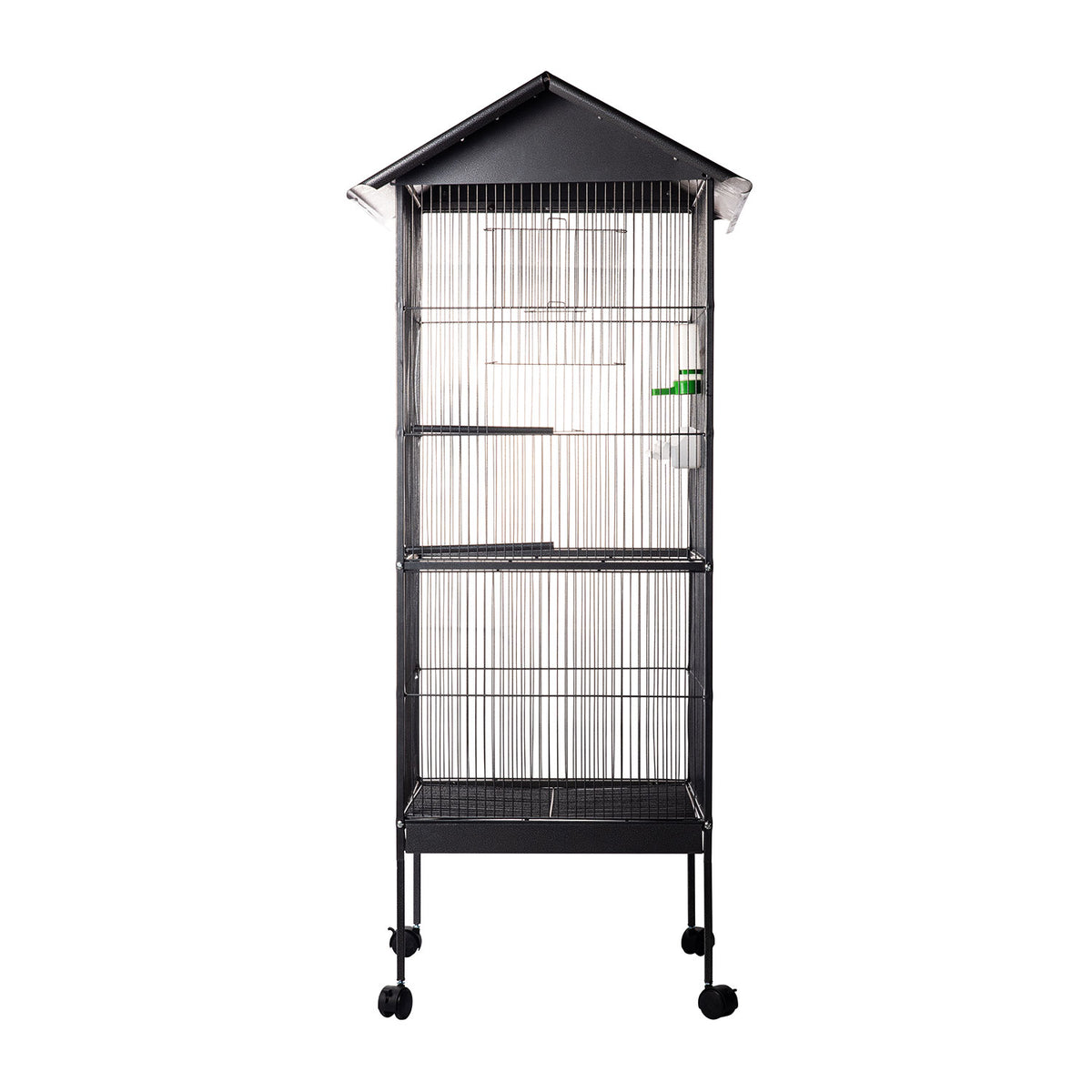 AQPET FRIENDS Pajarera con techo para aves grandes y canarios, jaula metálica con pedestal y ruedas, apta para interior y exterior, dimensiones 157x52x52 cm, negra