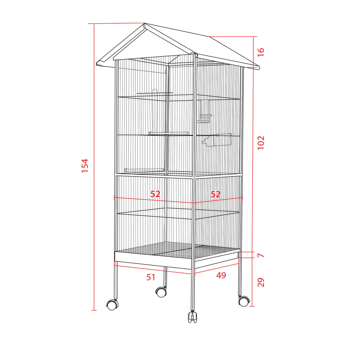 AQPET FRIENDS Pajarera con techo para aves grandes y canarios, jaula metálica con pedestal y ruedas, apta para interior y exterior, dimensiones 157x52x52 cm, negra