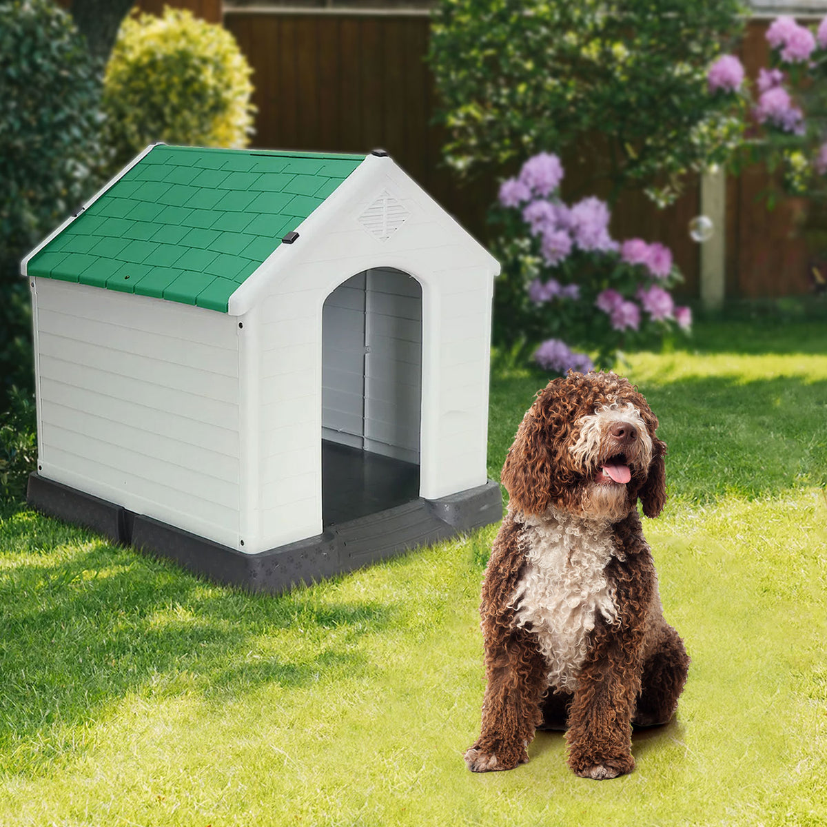 AQPET FRIENDS Chalet Caseta de plástico impermeable para perros y gatos, comodidad y descanso, para interior y exterior