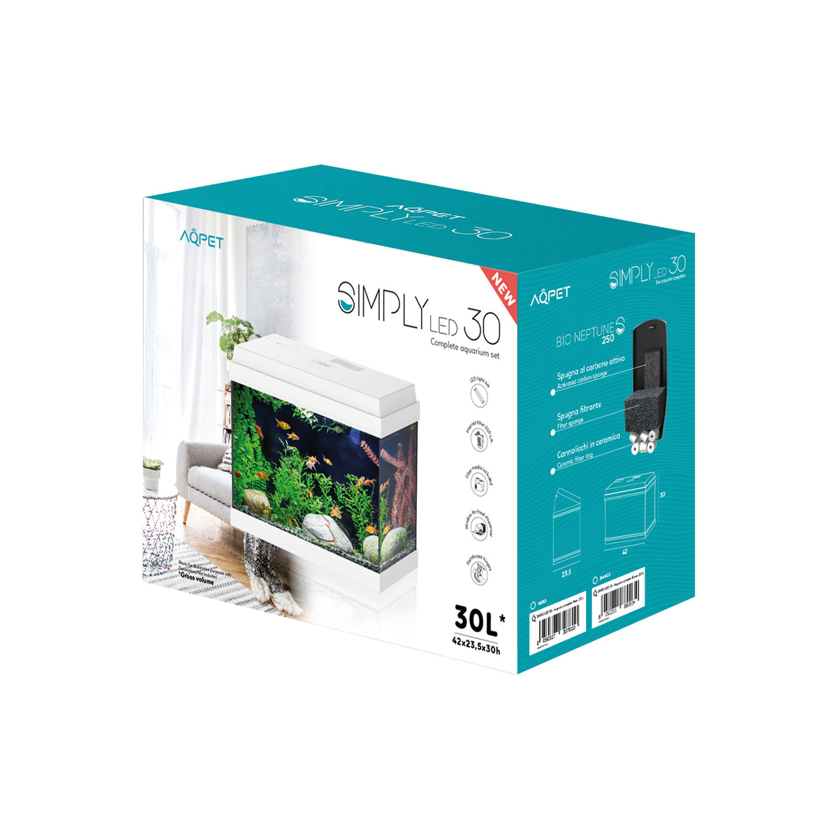 AQPET ACUARIO SIMPLY LED 30 BLANCO, COMPLETO CON LUZ Y FILTRO - 39X22X30 H CM
